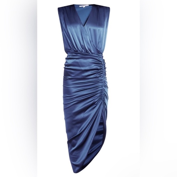 Veronica Beard Casela Dress Stretch Silk Sleeveless Blue Ruched Front Slit Sz 8 - Picture 15 of 16